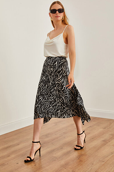 Olalook Fustă asimetrică neagră cu model zebră pentru femei - ETK - 19000122