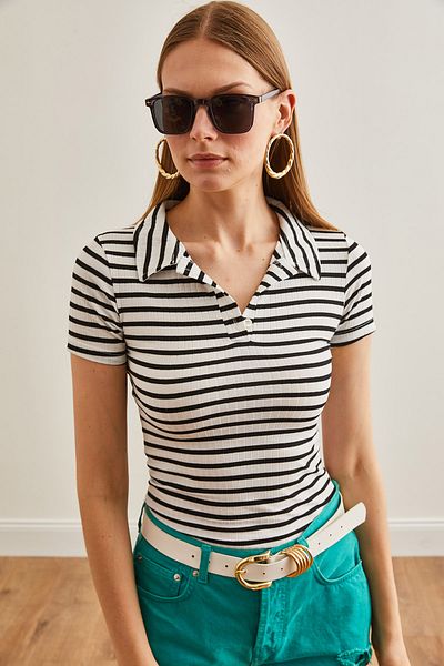 Olalook Bluză de damă din lycra cu dungi groase cu guler polo ecru - BLZ-19002558