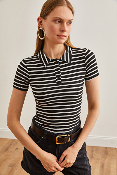 Olalook Μαύρη μπλούζα Polo λαιμόκοψη Lycra - Χοντρό ριγέ, με κουμπιά BLZ-19002558