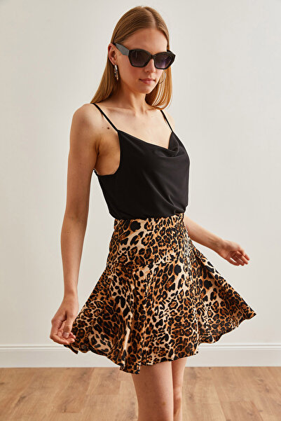 Olalook Leopard Patterned Black Viscose Mini Skirt - ETK-19000272