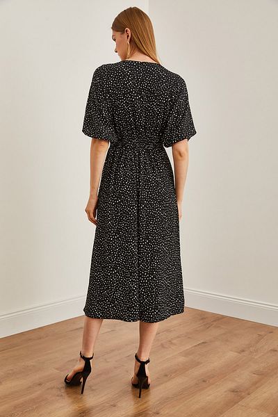Olalook Damen-Midikleid mit gepunkteter schwarzer Taille und zweireihigem Ausschnitt ELB- 19002100