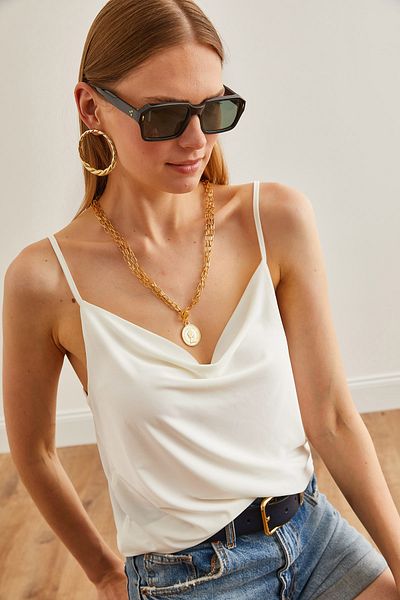 Olalook Ecru Degaje Collar Women's Blouse - Strappy BLZ-19002462