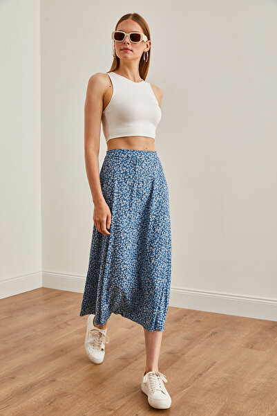 Olalook Kadın Papatya İndigo Beli Lastikli Desenli Uzun Etek ETK-19000259