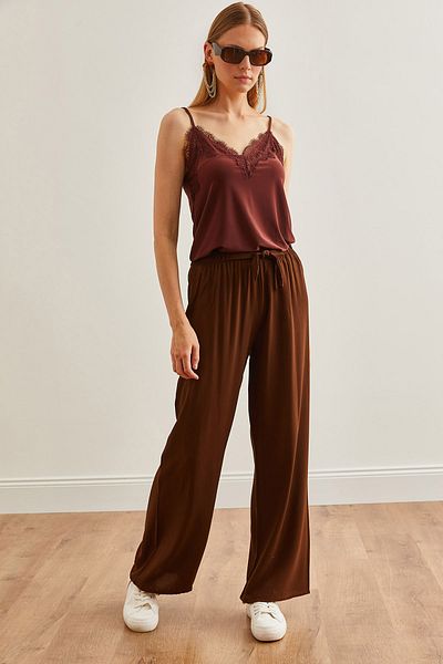 Olalook Bitter Brown Viscon Palazzo Trousers - Belted, Women, PNT-19000169