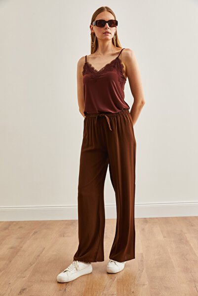 Olalook Bitter Brown Viscon Palazzo Trousers - Belted, Women, PNT-19000169