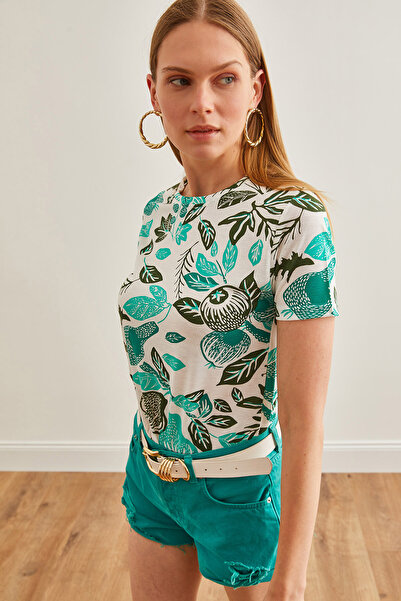 Olalook Πράσινο Μπλε Floral εμπριμέ Γυναικείο T-Shirt - TSH-19000161