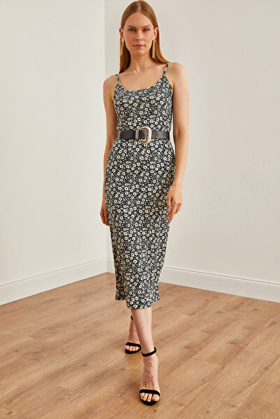 Olalook Black Floral Print Midi Women's Dress - Rope Strap and Side Slit ELB-19002182