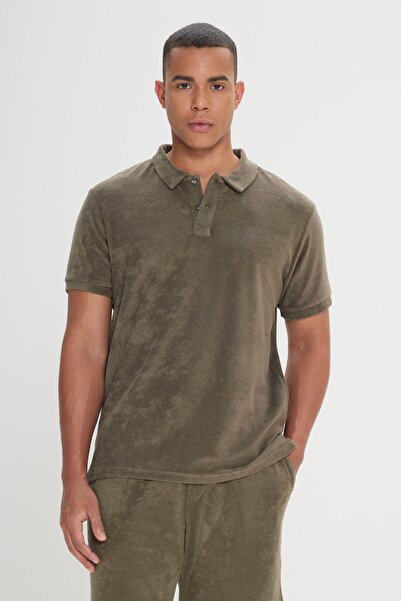 ALTINYILDIZ CLASSICS تي شيرت رجالي كاكي بياقة بولو بقصة ضيقة - منشفة قطنية بق...