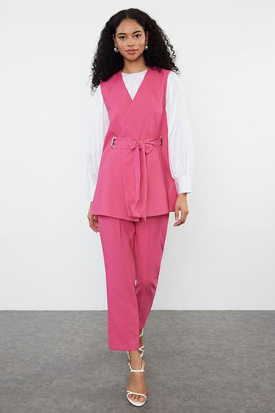 Trendyol Modest Fuchsia Vest and Trousers Set - Woven Fabric with Accessory Detail TCTSS24US00035