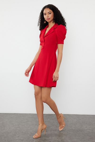 Trendyol Collection Rochie mini țesută cu mâneci cu balon, roșu închis, în linie A TWOSS20EL1999