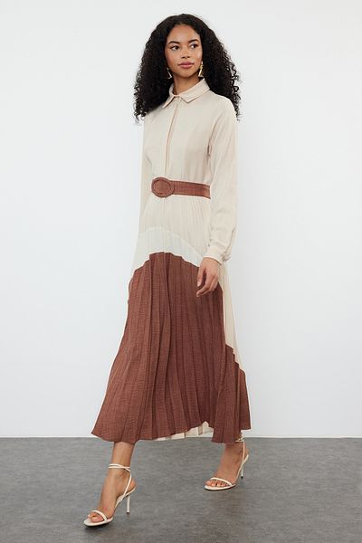 Trendyol Modest Φόρεμα υφαντό πουκάμισο - Μοτίβο σε καφέ μπλοκ TCTSS24EB00119