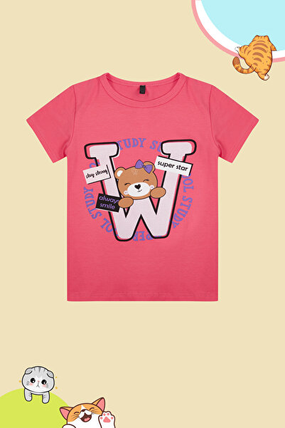 TRENDYOLKIDS تي شيرت بناتي محبوك باللون الفوشيا - شعار، نمط الدبدوب، كم قصير ...