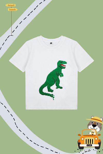 TRENDYOLKIDS Weißes Jungen-T-Shirt aus Baumwolle mit Dinosaurier-Pailletten und kurzen Ärmeln TKDSS24TS00033