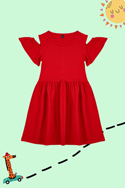 TRENDYOLKIDS Red Female Child Shoulder Cut Out Cotton Short Sleeve Eid Knitted Dress Tkdss24El00003