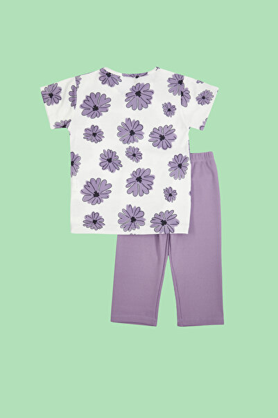 TRENDYOLKIDS Lilac Girl Cotton Flower Printed Patterned T-Shirt-Leggings Knitted Bottom-Top Suit Tkdss24Au00032
