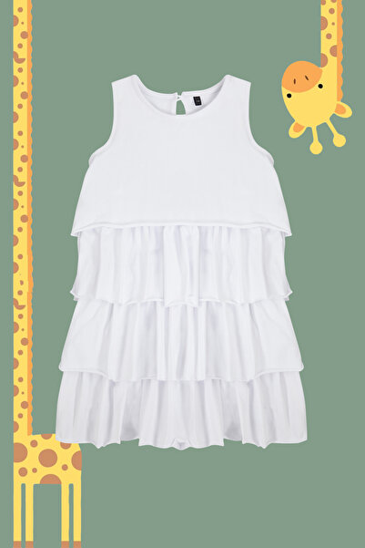 TRENDYOLKIDS Rochie albă din bumbac cu volane pentru fete, fără mâneci, cu decolteu, tricotat Eid TKDSS24EL00001