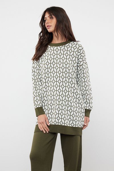 Trendyol Modest Zestaw swetrów i spodni z dzianiny w geometryczny wzór khaki - TCTAW23US00006