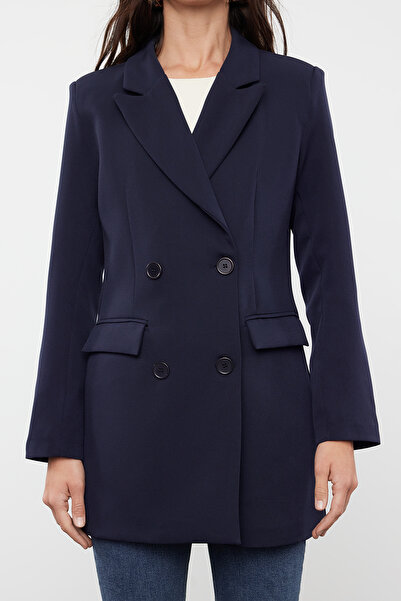 Trendyol Modest Μπλε Navy υφαντό μπουφάν με λεπτομέρεια τσέπης με διπλό κουμπί TCTAW22CK0007