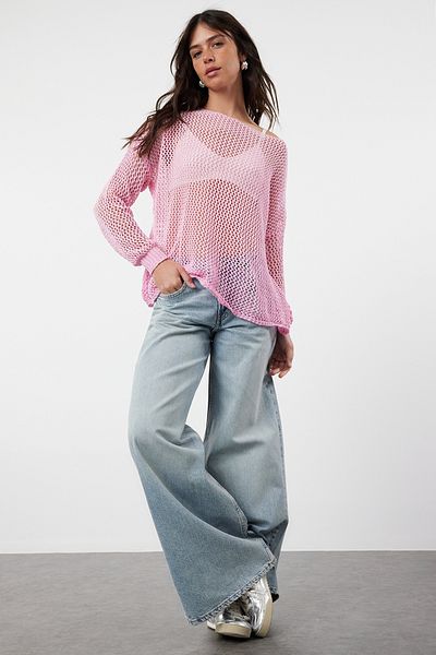 Trendyol Collection Extragroßer Strickpullover mit getrockneten Rosen - Baumwolle, durchbrochen/Loch TWOAW20FV0184