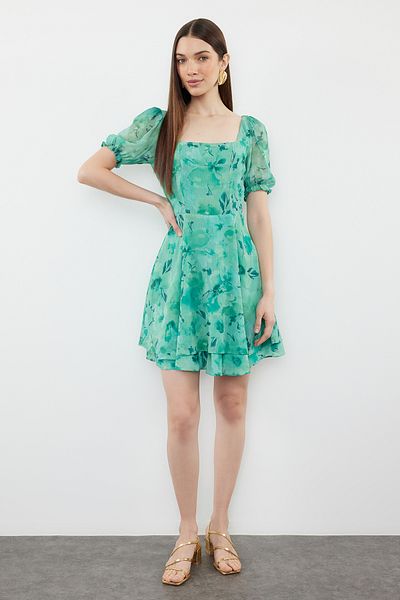Trendyol Collection Μίνι υφασμένο φόρεμα από σιφόν με πράσινο σχέδιο με άνοιγμα μέσης TWOSS23EL01171