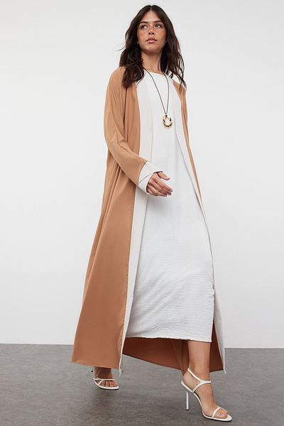 Trendyol Modest Μακρυό υφαντό φόρεμα σε καμήλα χρώμα - Καπάκι, Ferace και Abaya TCTSS24KF00009