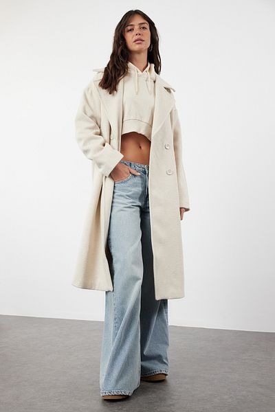 Trendyol Collection Langer Oversize-Mantel aus Wolle mit Stempelmuster - Ecru TWOAW21KB0038