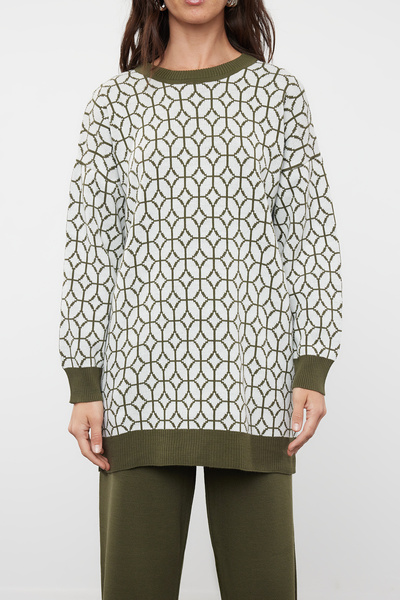 Trendyol Modest Geometric Khaki Patterned Knitwear Sweater and Pants Set - TCTAW23US00006