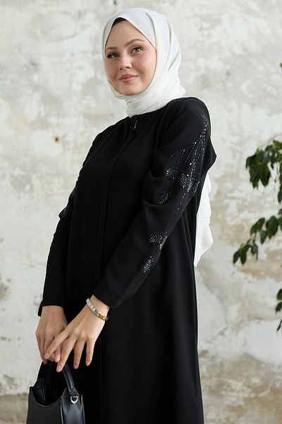 InStyle Μαύρο Ferace με μανίκια και πέρλες φύλλων