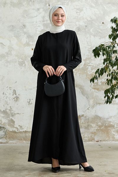 InStyle Μαύρο Ferace με μανίκια και πέρλες φύλλων