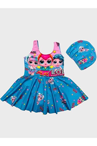 ALİŞ KİDS Kız Çocuk Mavi Lol Desenli Etekli Boneli Mayo