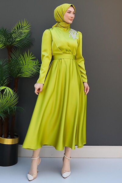 GİZ AGİYİM Oil Green Satin Evening Dress - Shoulder Detailed