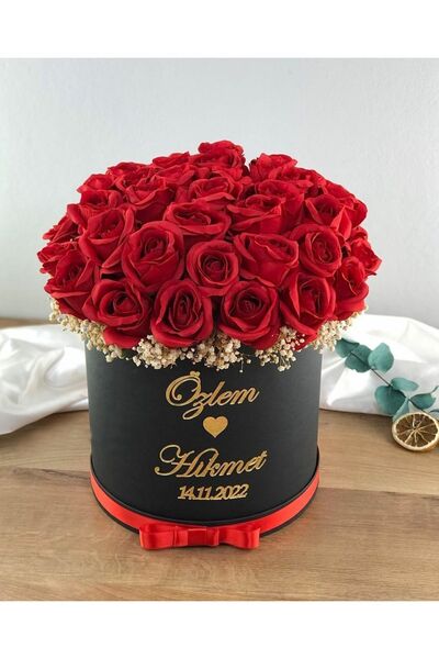 baskıtek Büyük Boy Silindir Kutuda Yapay Güller, Isteme Çiçeği, Söz Çiçeği, N...
