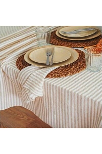 NDC HOME كتان بيج - مفرش طاولة مخطط سادة