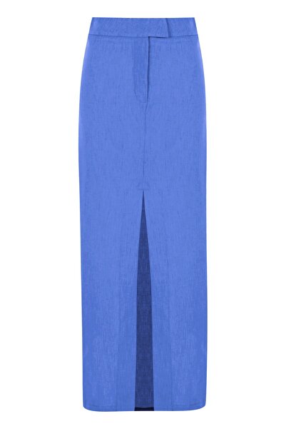 Whenever Company İndigo Normal Bel Önden Yırtmaçlı Midi Etek