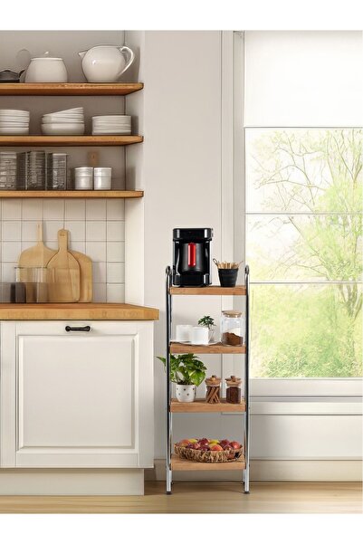 Metallica Concept Sahra Krom 4 Katlı Ahşap Raf Banyo Köşe Rafı Düzenleyici Or...