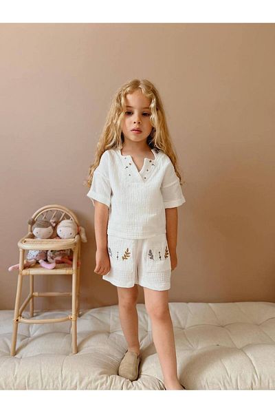 Jolly Kids Muslin Fabric - Flower Embroidered Girl's Shorts Set