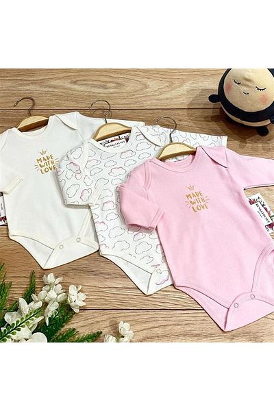 Renkli Puset 3-Piece Combed Cotton Baby Long Sleeve Bodysuit Set Cloud Pink Blue Brown