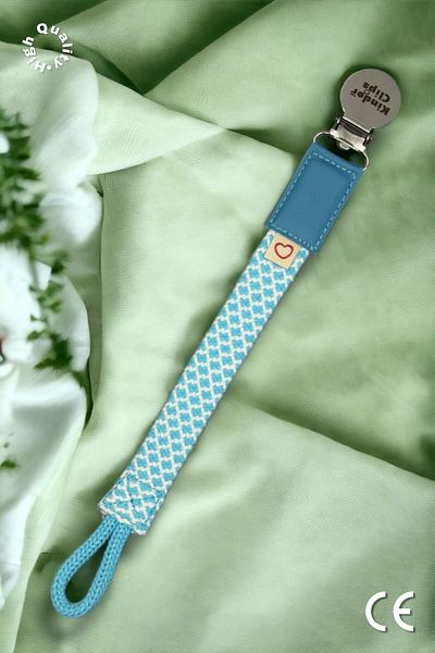 Kinder Clips Blue Pacifier Hanger - Washable and Stainless - Steel Clip and Algodón Weave Stainless Steel Clip