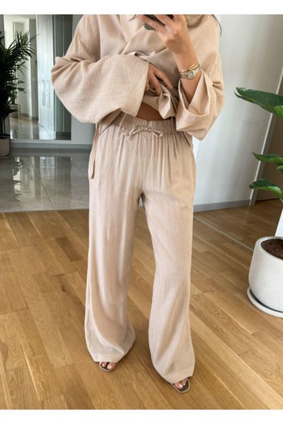 My Blog Bézs kimonó és nadrág szett - kendőgallér