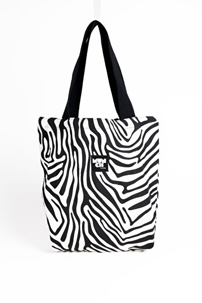 MUNCH İstanbul Zebra Desenli Körüklü Keten Bez Çanta Tote Bag