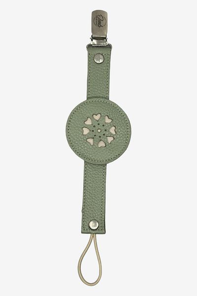JMB Just My Baby Pacifier Strap - Leather - Reversible - Khaki Green - Heart Figured - Snap Fastener