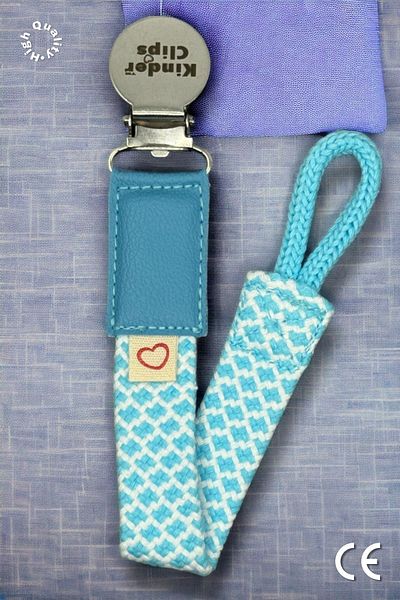 Kinder Clips Blue Pacifier Hanger - Washable and Stainless - Steel Clip and Algodón Weave Stainless Steel Clip