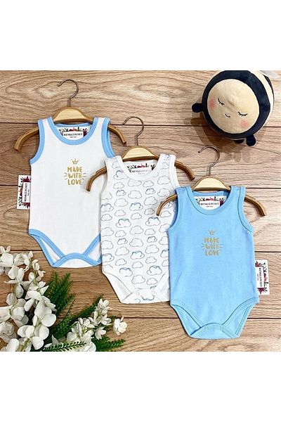 Renkli Puset 3-Piece Combed Cotton Baby Strappy Bodysuit Set Blue Bulut