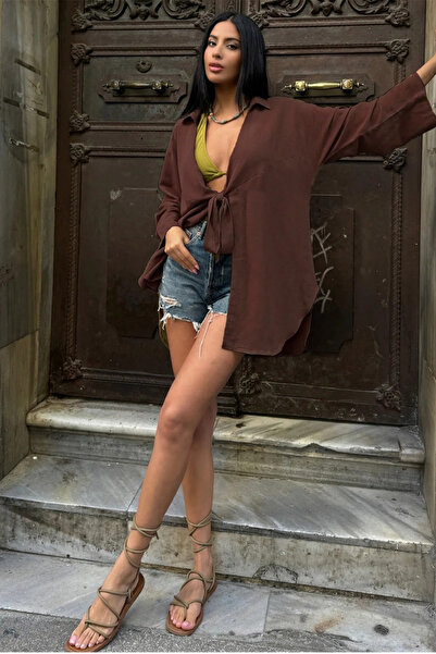 Ladima Γυναικείο κιμονό από λινό Flam σε άγχρωμο καφέ με λεπτομέρεια δεσίματος