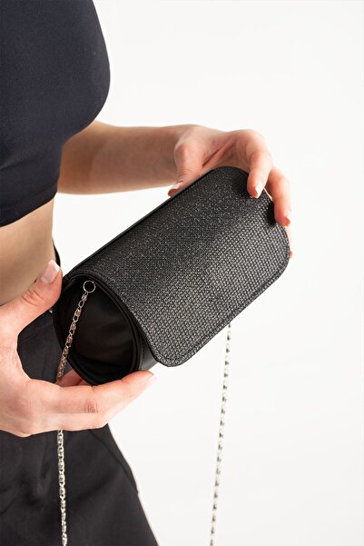 bibags Μαύρο σατέν κάλυμμα Μίνι βραδινή τσάντα φορέματος με λεπτομέρεια Glitter