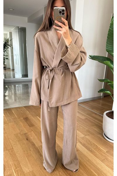 My Blog Σετ κιμονό και παντελόνι γιακά σάλι Mink Color