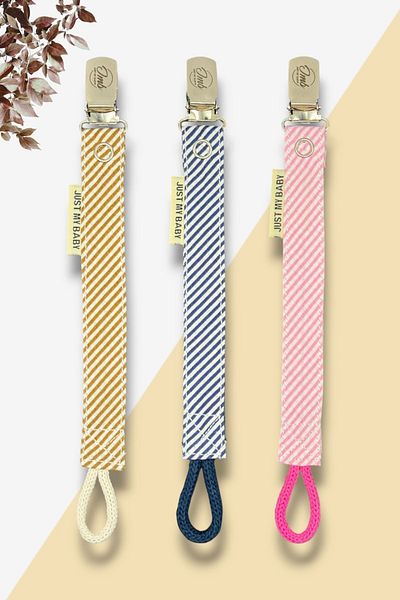 JMB Just My Baby 3-Piece Navy Blue/Pink/Coffee Colored Side Striped Pacifier Straps - Cotton