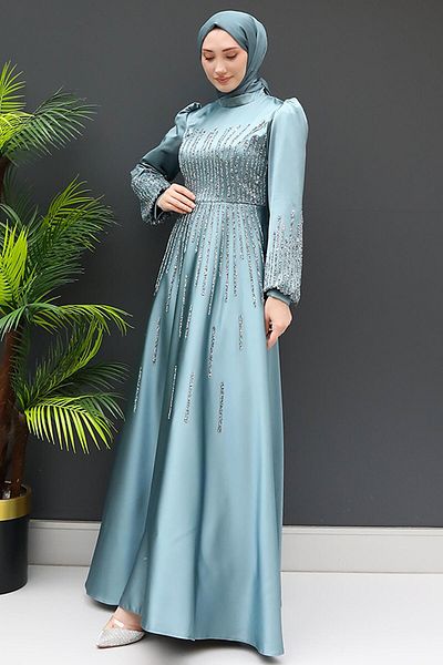 GİZ AGİYİM Aysu Stone Hijab Βραδινό Φόρεμα Μέντα