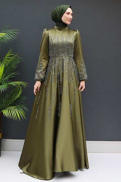 GİZ AGİYİM Βραδινό φόρεμα Khaki Hijab - Aysu Stone Detailed