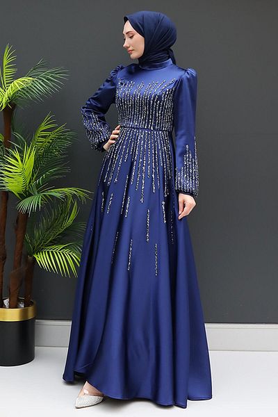 GİZ AGİYİM Navy Blue Hijab Evening Dress - Aysu with Stone Detail